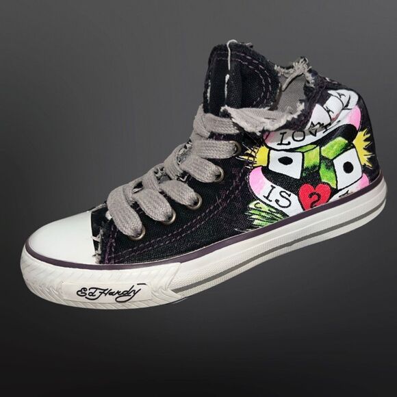 Rare Kids Black Ed Hardy “Love Is” Skull Aces Canvas High Top Sneakers Size 1 - Picture 2 of 12